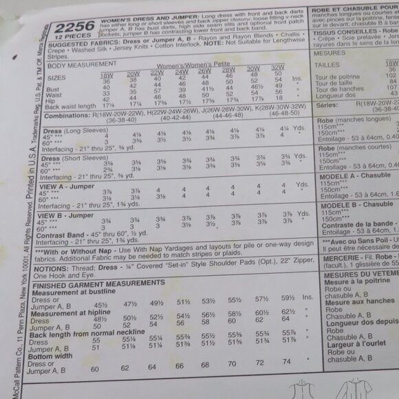 McCall's 2256 sewing pattern size 22 to 26 w, 40-44 EASY dress, jumper UNCUT - Picture 7 of 10